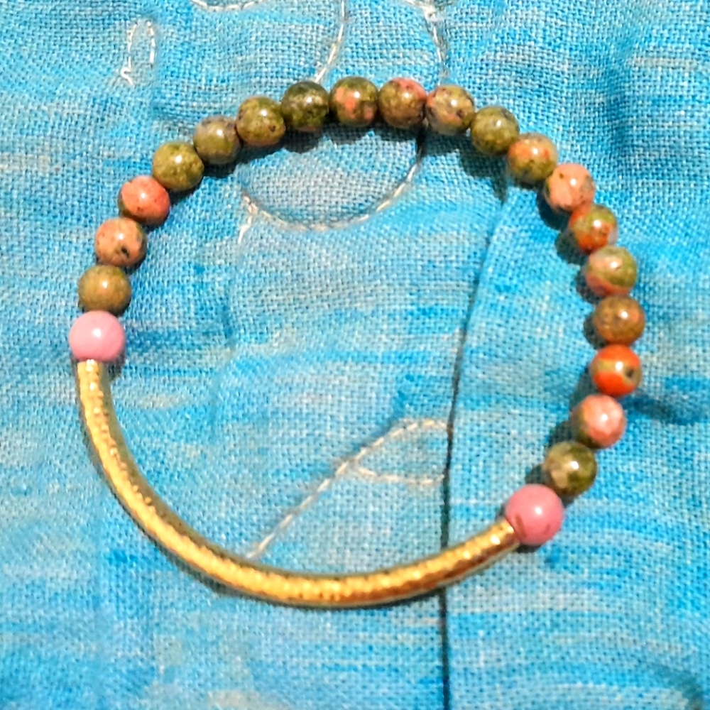 Handmade Unakite and Rhodochrosite + Brass Bracelet